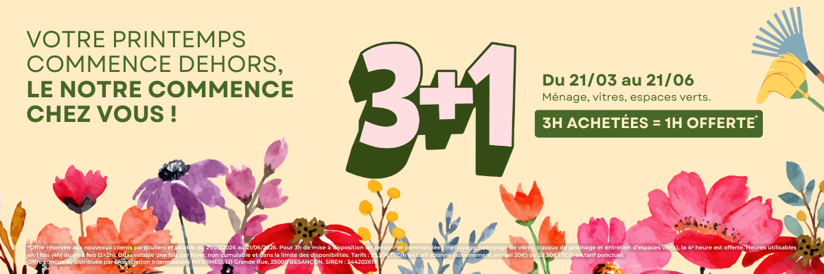 Offre de printemps INTERMED 2026 : ménage, nettoyage, vitres et espaces verts. 3 heures achetées, la quatrième offerte.
